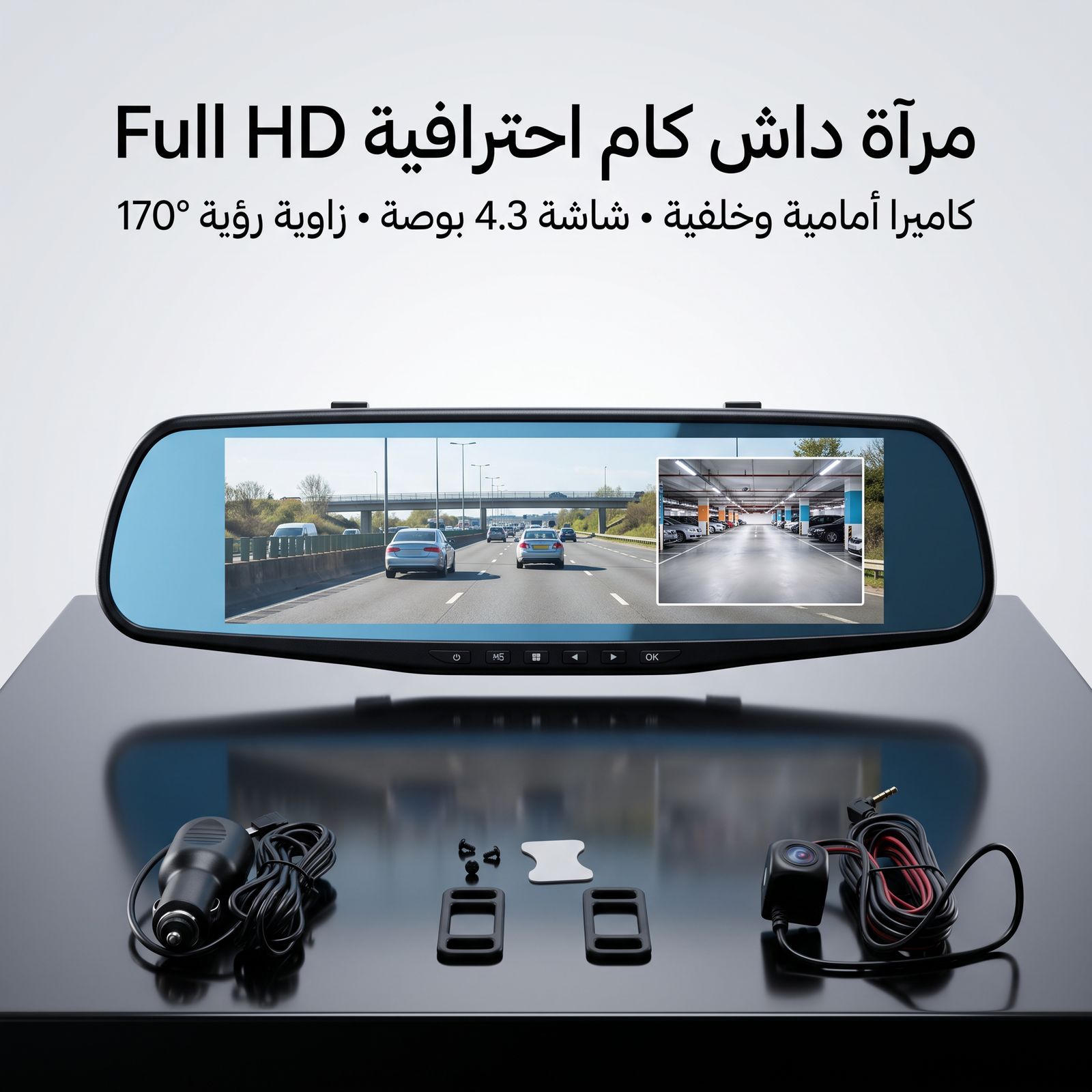 داش كام مرآة احترافية Full HD بشاشة 4.3 بوصة وكاميرا أمامية وخلفية واسعة 170° مع تصوير ليلي وتسجيل تلقائي تركب عن طريق ولاعة السيارة - الصورة 3