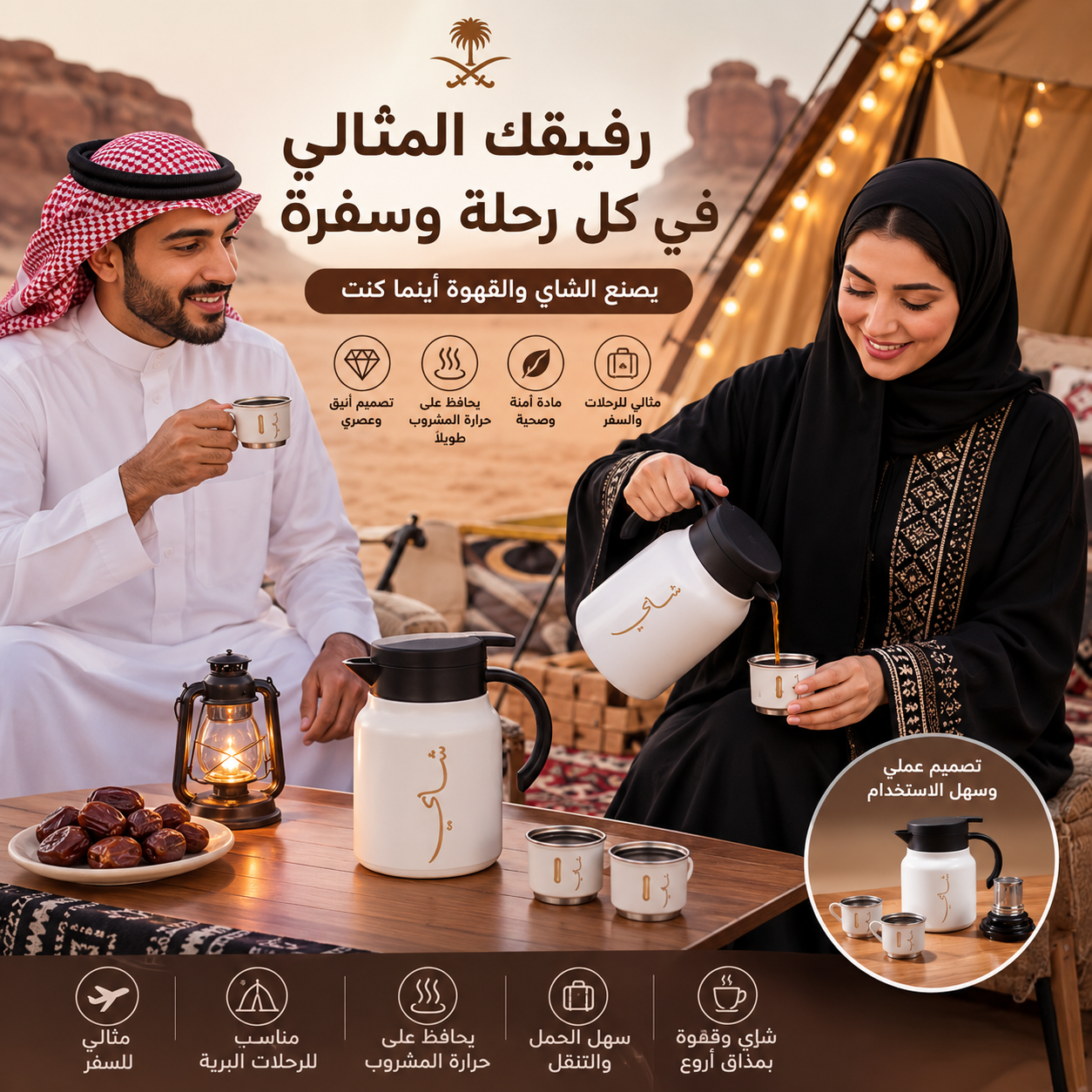 ترمس شاي وقهوة 1 لتر للرحلات والطلعات مع طقم فنجان - الصورة 2