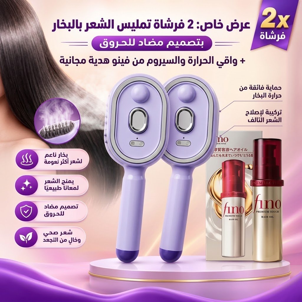 عرض 2 فرشاة تمليس الشعر بالبخار بتصميم مضاد للحروق+واقي الحرارة من فينو هدية