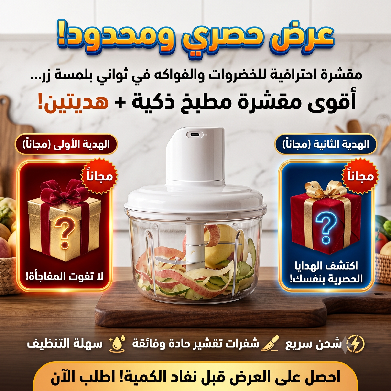 عرض التوفير: مقشرة الخضروات والفواكه الكهربائية + 2 هدية مجانية