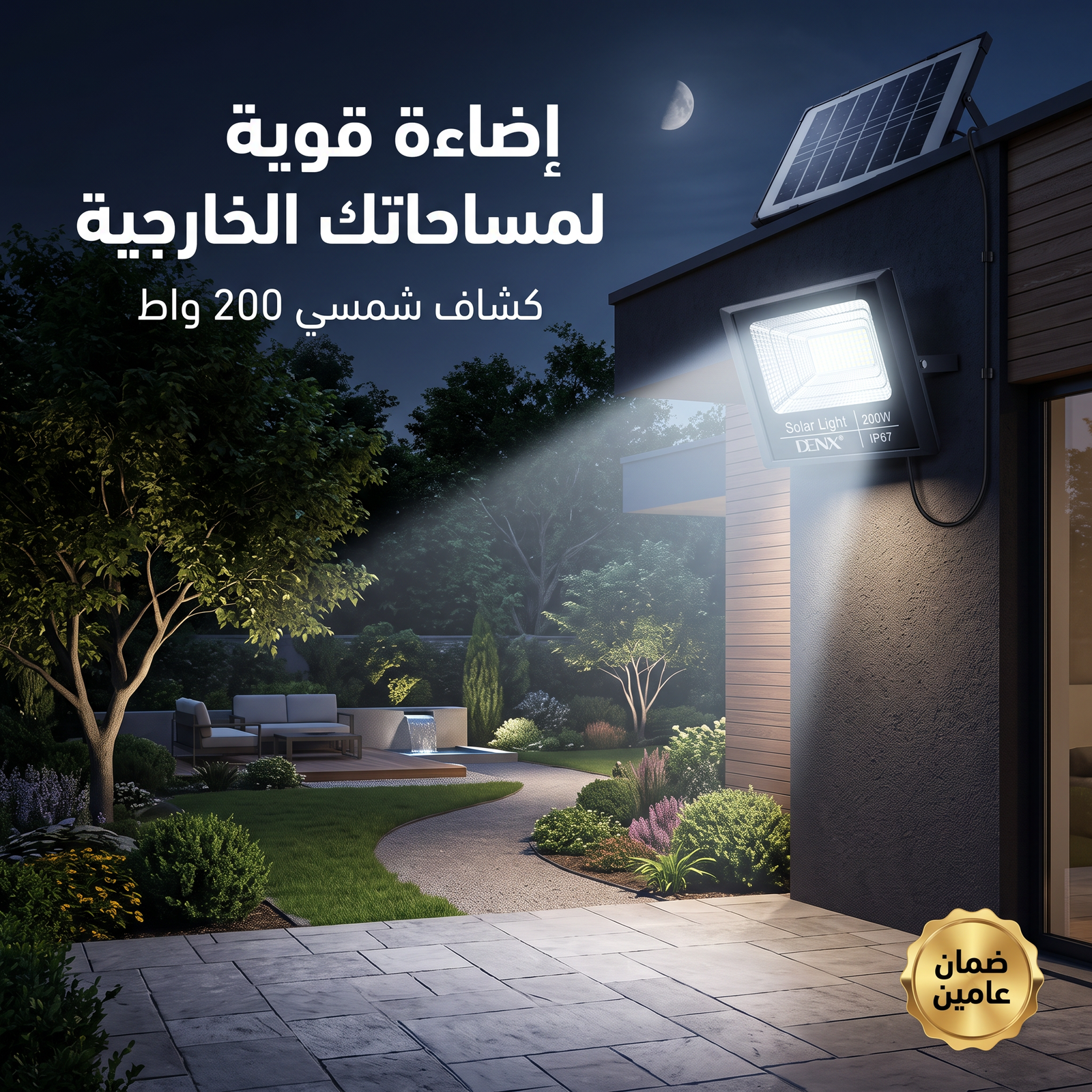 كشاف بالطاقة الشمسية 200 واط من دينكس - اضائة قوية للمساحات الكبيرة - بريموت للتحكم عن بعد (ضمان عامين )
