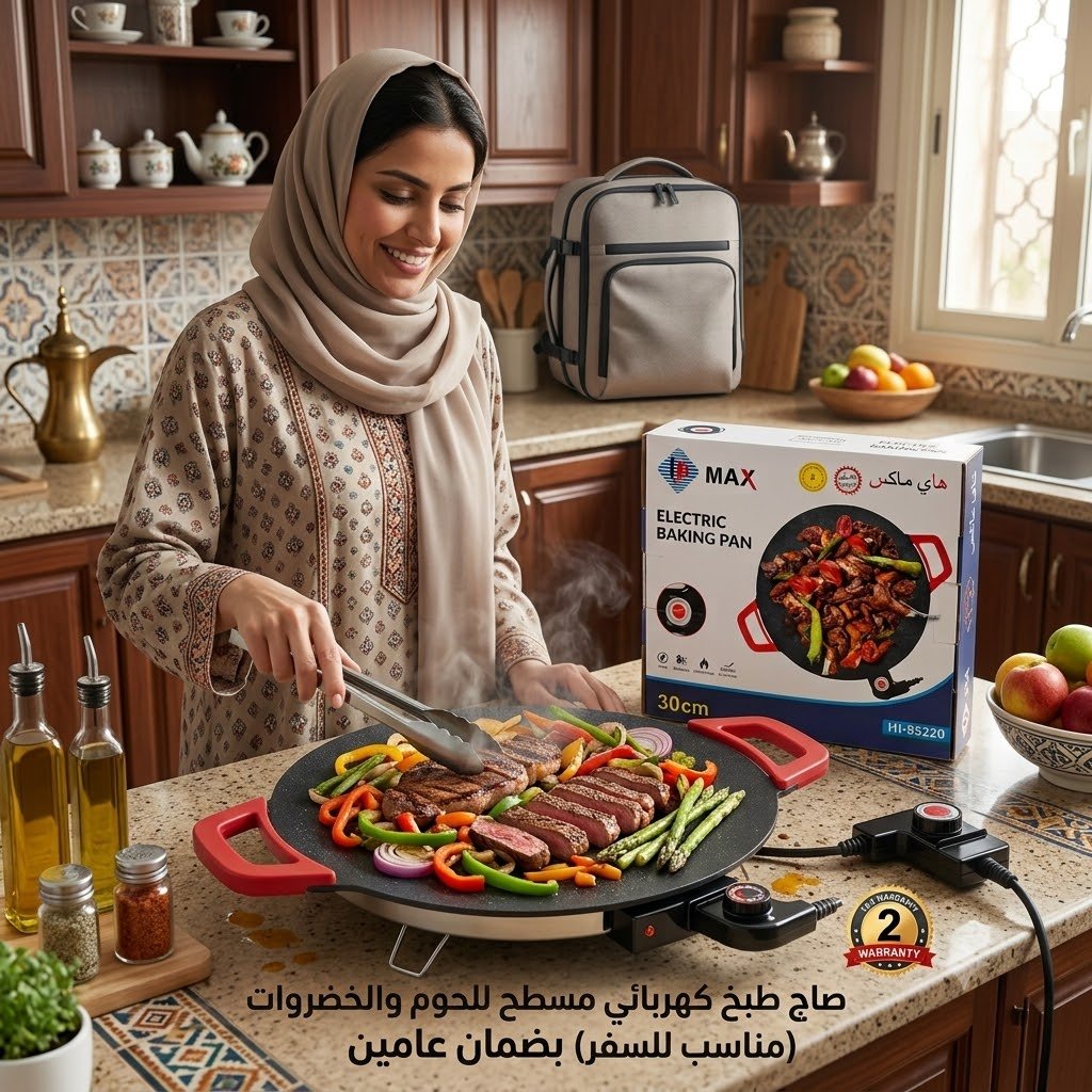 صاج طبخ كهربائي مسطح للحوم والخضروات (مناسب للسفر) بضمان عامين