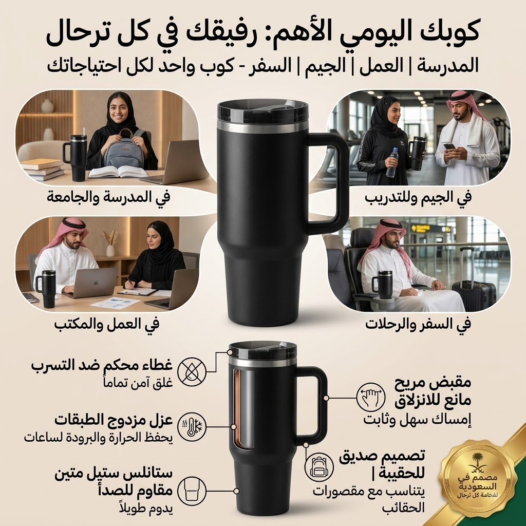 كوب حافظ السوائل الحارة والباردة طوال اليوم مع غطاء محكم