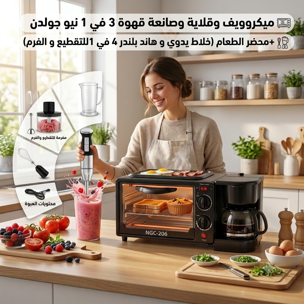 ميكروويف وقلاية وصانعة قهوة 3 في 1 نيو جولدن +محضر الطعام (خلاط يدوي و هاند بلندر 4 في 1 للتقطيع و الفرم )