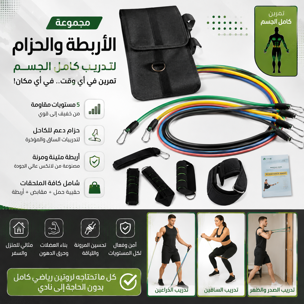 طقم PowerFit لتمارين الجسم بالكامل – أربطة مقاومة + حزام تدريب