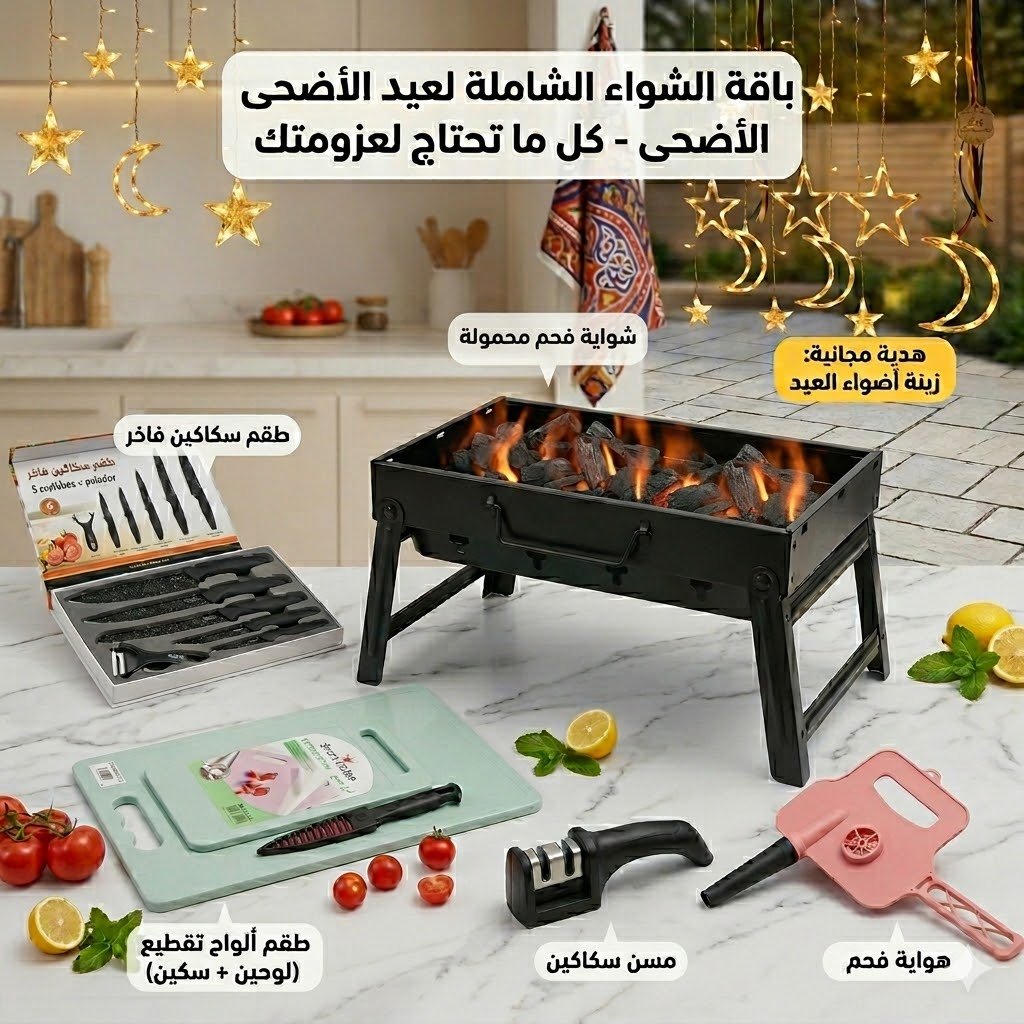 عرض العيد الاضحى طقم سكاكين - شوايه- مسن سكاكين- هوايه-طقم لوح تقطيع(هديه زينه اضواء العيد )