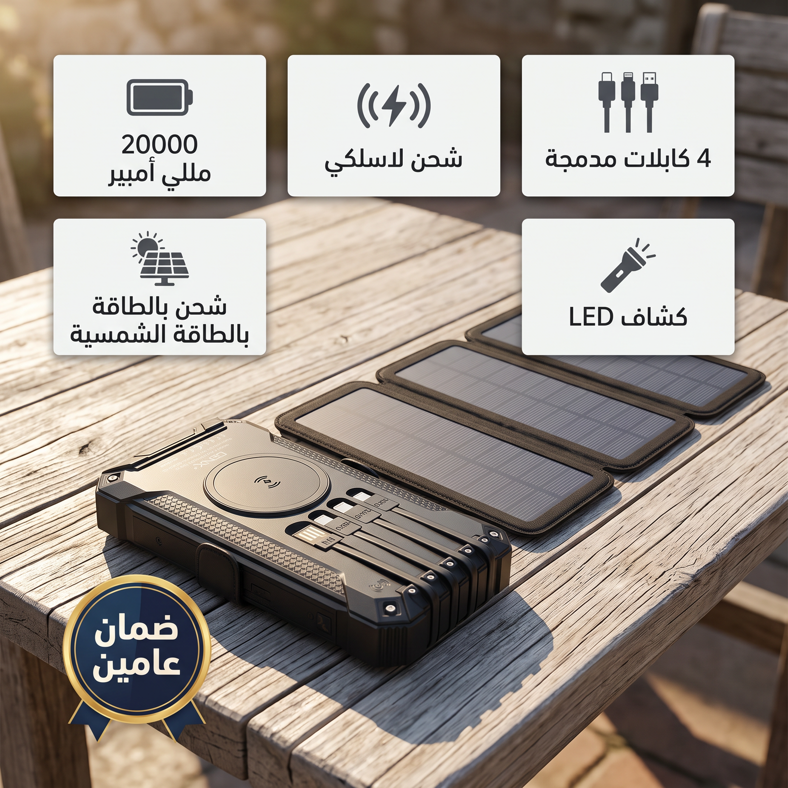 باور بنك وكشاف بالطاقة الشمسية من دينكس ضمان عاميين
