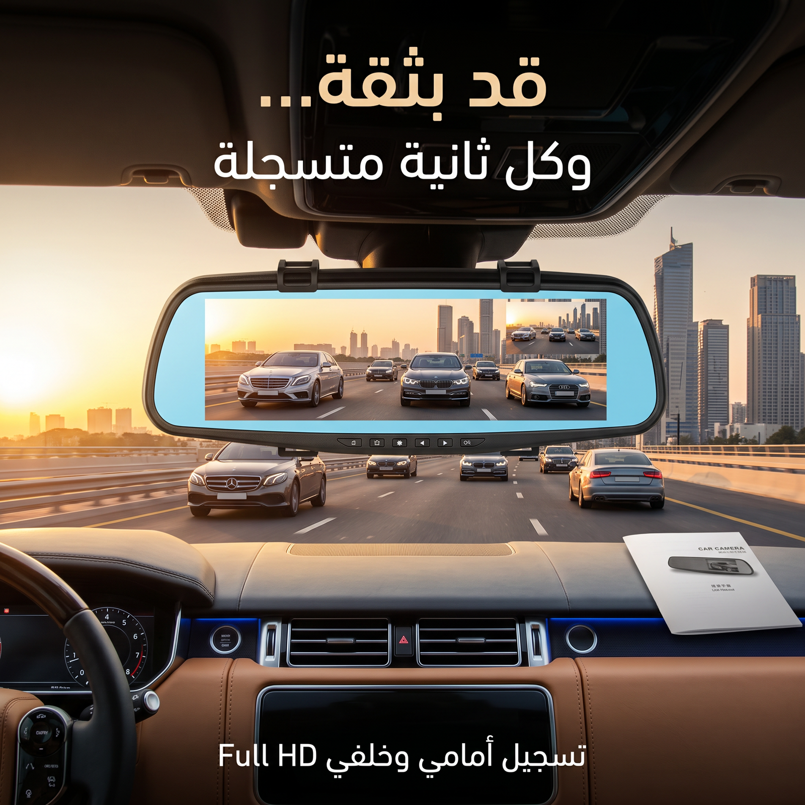 داش كام مرآة احترافية Full HD بشاشة 4.3 بوصة وكاميرا أمامية وخلفية واسعة 170° مع تصوير ليلي وتسجيل تلقائي تركب عن طريق ولاعة السيارة