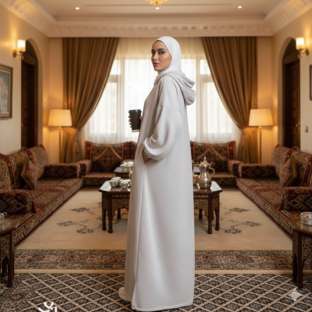 عباية العمرة بغطاء للرأس لون أبيض مقاس XL - الصورة 3