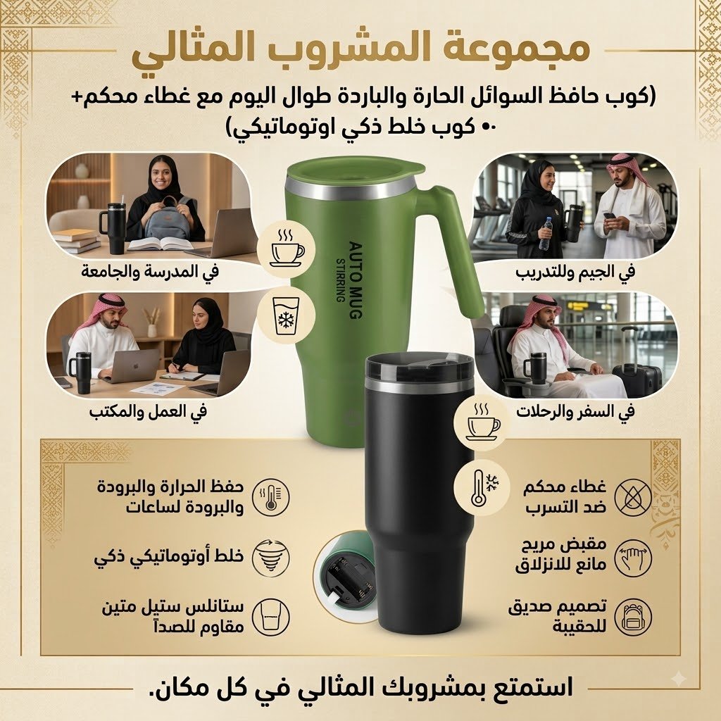 مجموعةالمشروب المثالي(كوب حافظ السوائل الحارة والباردة طوال اليوم مع غطاء محكم+• كوب خلط ذكي اوتوماتيكي)