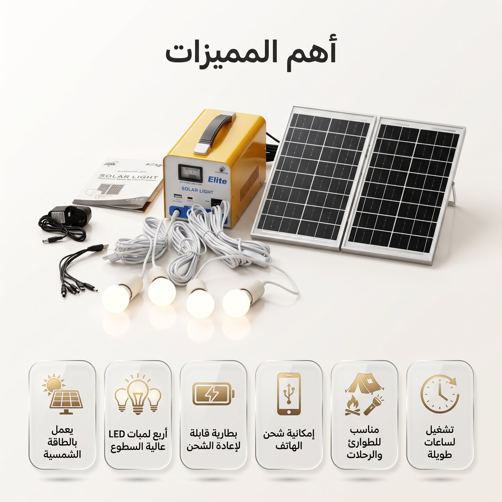 محطة طاقة شمسية منزلي متكامل - محطة طاقة مع 4 لمبات LED - شحن شمسي وسريع للهواتف - مثالي للمخيمات والطوارئ - ضمان عام - الصورة 4