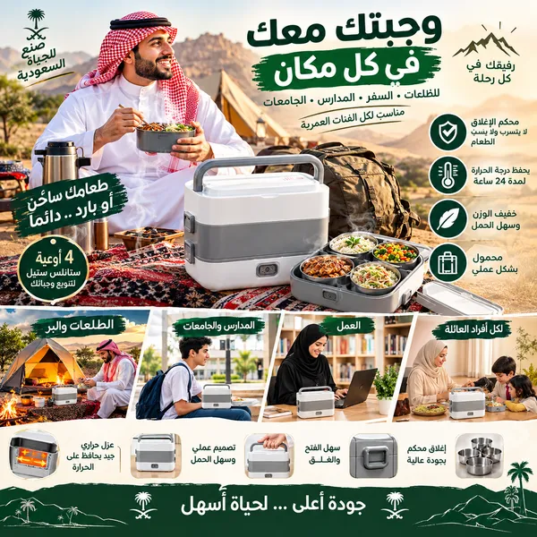لانش بوكس حراري محمول 4 أوعية ستانلس ستيل – محكم ضد التسرب