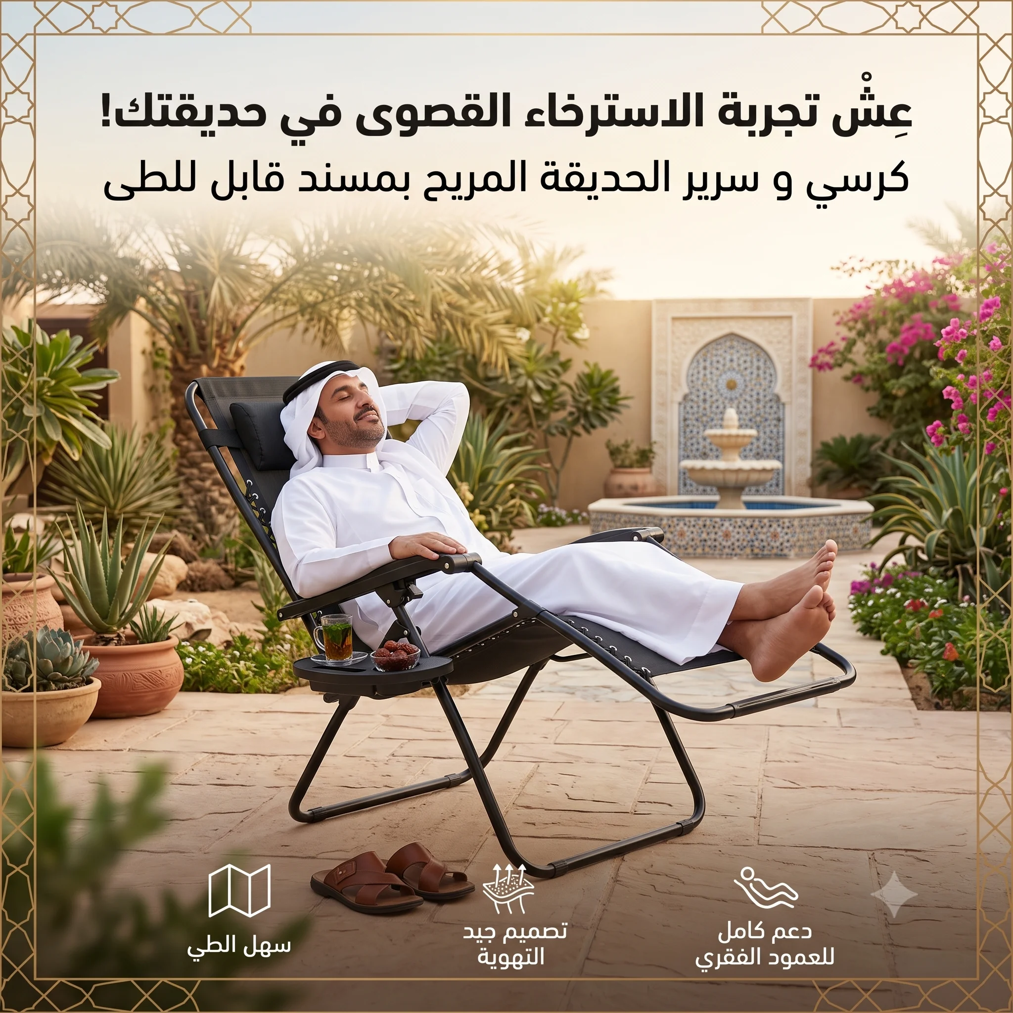 سرير وكرسي الحديقة القابل للطي مع حامل أكواب - الصورة 2