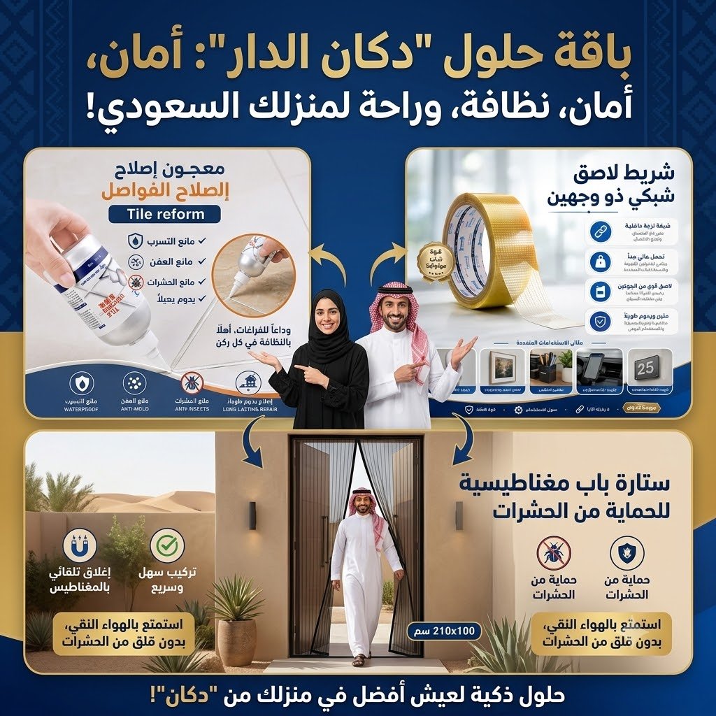 باقة صيانة البيت الذكية (معجون إصلاح الأرضيات والحوائط Tile reform مانع التسرب والعفن ومانع الحشرات+شريط لاصق ذو وجهين قوي جداً مدعم بشبكة لزجة+نافذة مغناطيسية للحماية من الحشرات)