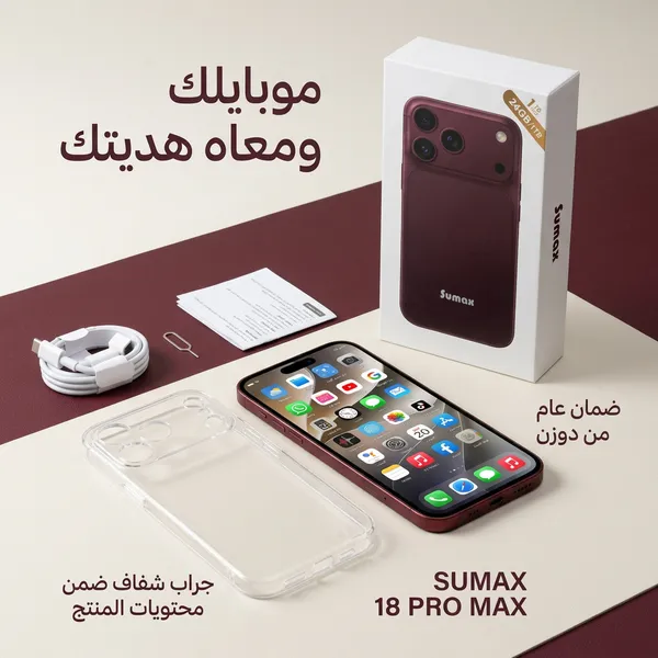 هاتف 18 Pro max ضمان عام ثنائي الشريحة + هدية جراب شفاف - لون برجندي)