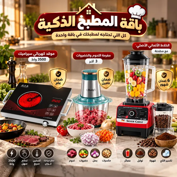 باقة المطبخ الذكية (موقد كهربائي سيراميك 3500 واط(بضمان عام )+مفرمة اللحوم و الخضروات 3 لتر بضمان عامين+• الخلاط الألماني الأصلي مع مطحنة بضمان 6 شهور)