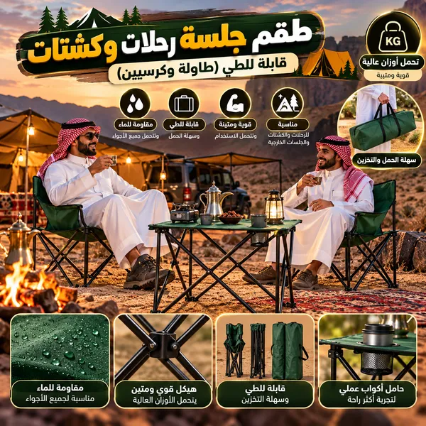 طقم جلسة رحلات وكشتات قابلة للطي (طاولة وكرسيين)